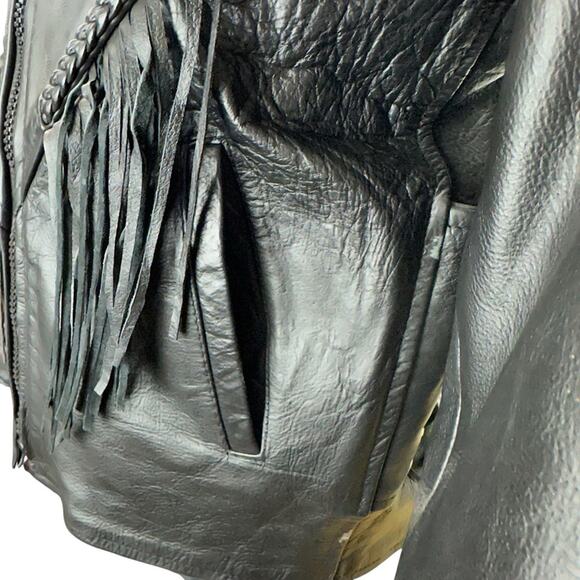 VTG Black Cow Hide Leather Fitted Biker Jacket Red Floral Embroidery Size Small - Picture 3 of 10